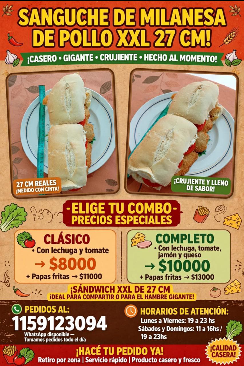 Sánguche de Milanesa de Pollo XXL – 27 cm de Sabor