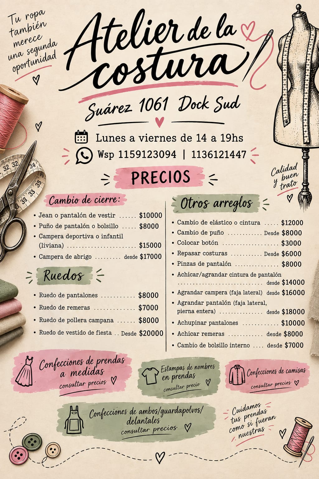 Atelier de la Costura: arreglos, confecciones y mucho más en Dock Sud Avellaneda